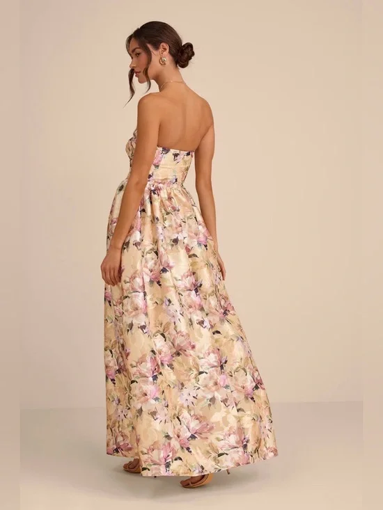 Lulus Kathani Light Yellow Floral Jacquard Bustier Maxi Dress - Size L - Picture 2 of 4